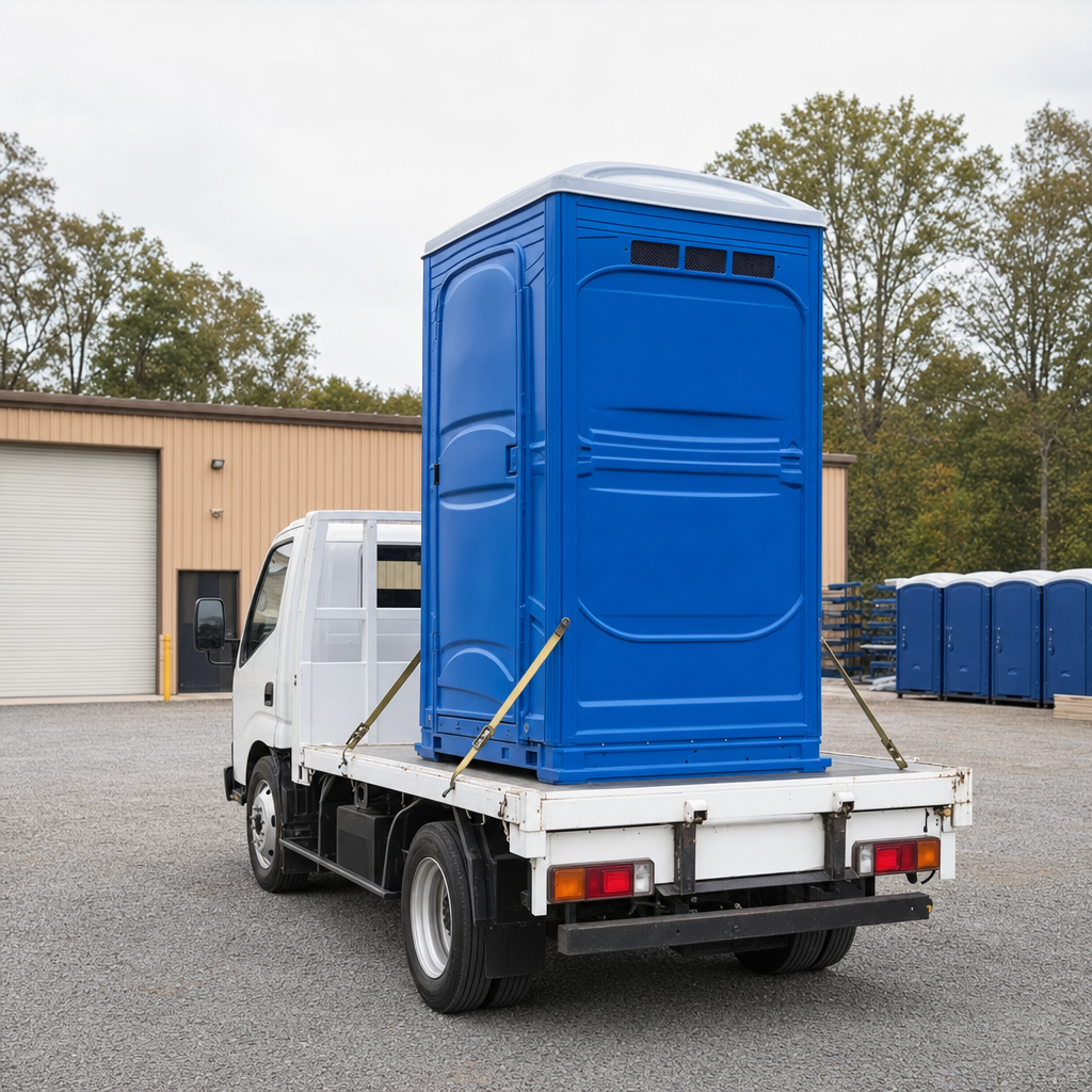 Royal blue portable toilet staged on a clean flatbed delivery truck at a portable sanitation depot at sunrise
