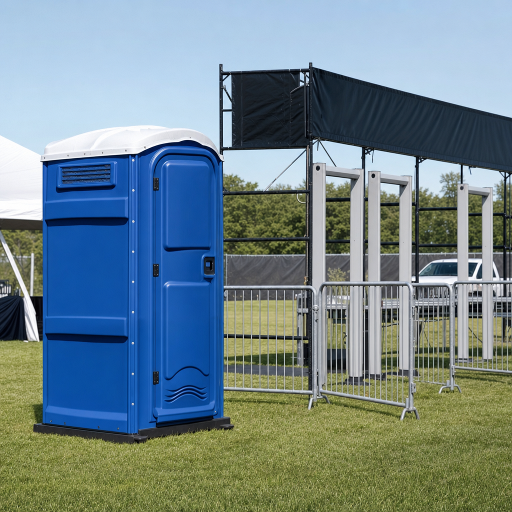 Standard royal blue portable toilet placed on level turf at a music festival entrance gate