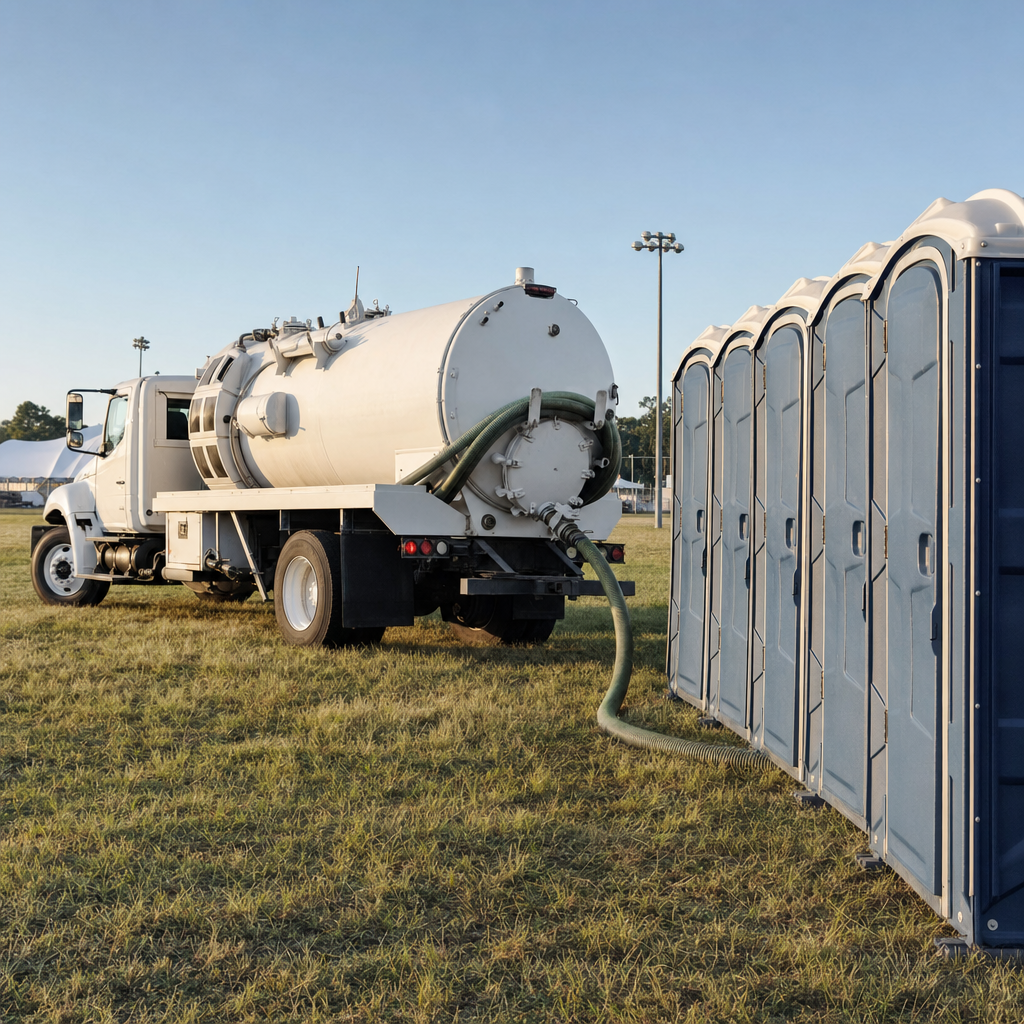 Vacuum pumper truck servicing a row of royal blue portable toilets on the morning of a multi day festival