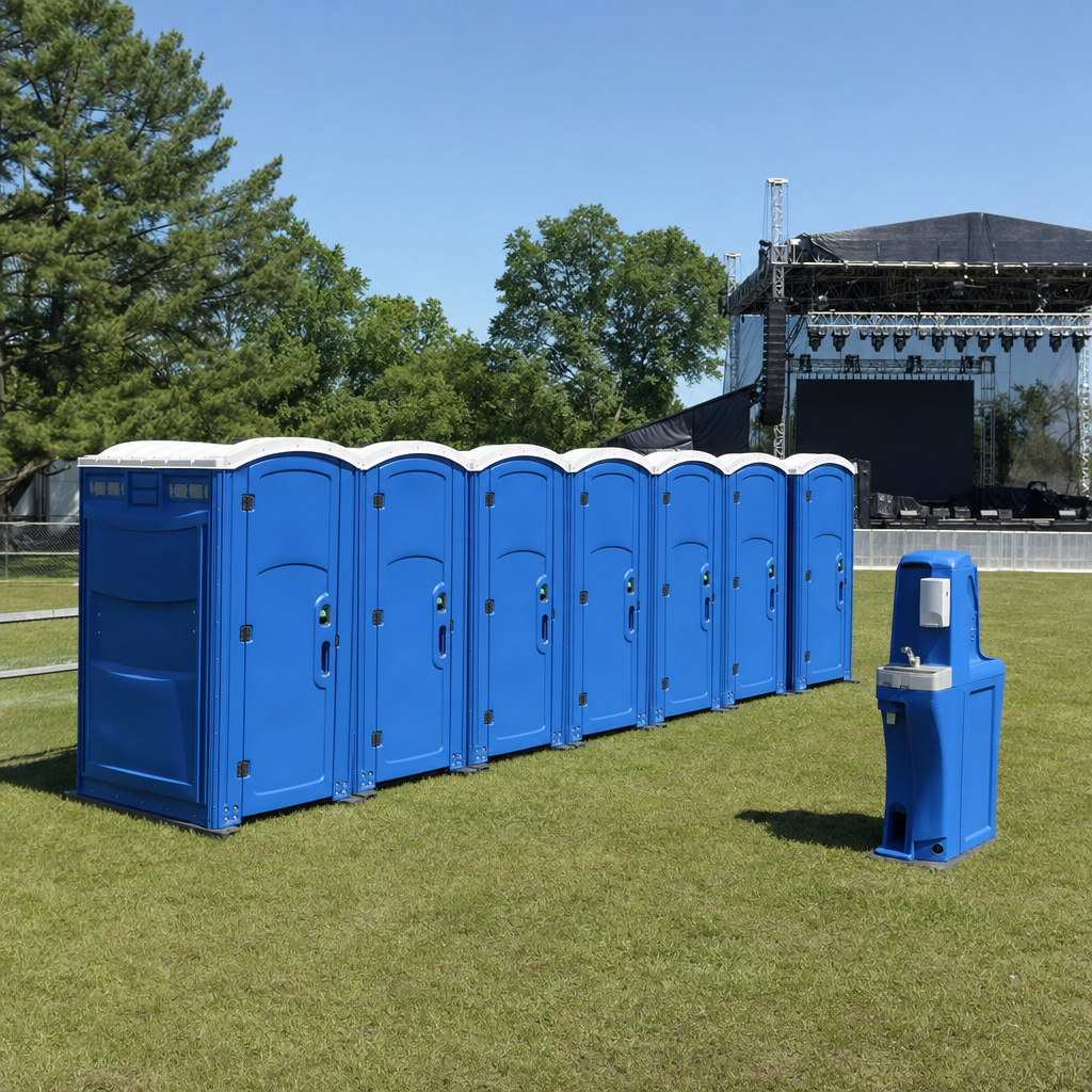 Row of royal blue portable toilets and a handwashing station staged on grass near a festival main stage at dusk
