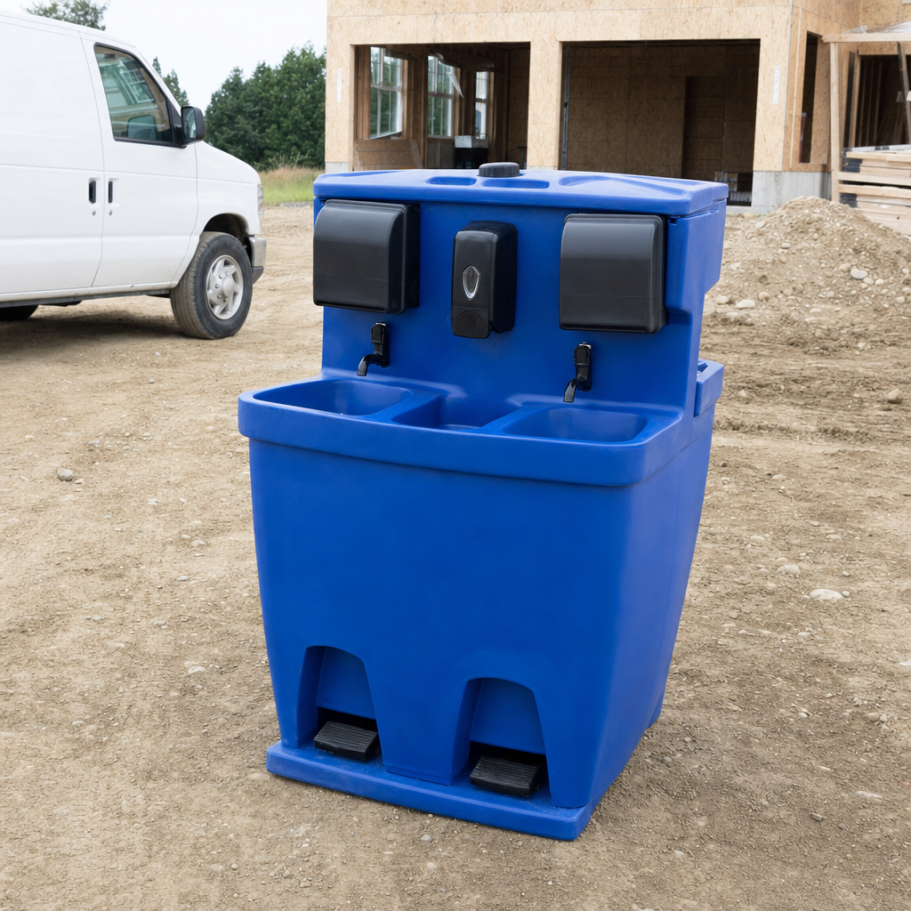 Foot-pump portable handwashing station with two basins, soap and paper towel dispensers, set up on a construction site