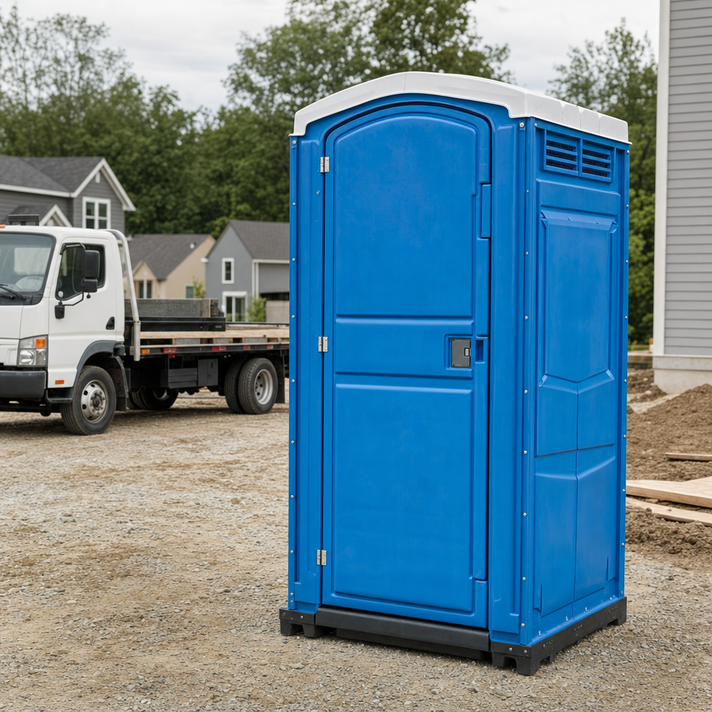 Delivery driver positioning a clean royal-blue portable toilet on level ground at a Naperville worksite