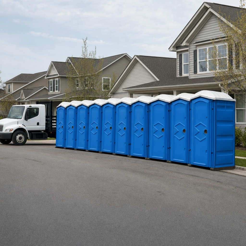 Royal blue portable toilets staged in a tidy row at a Naperville jobsite, ready for delivery
