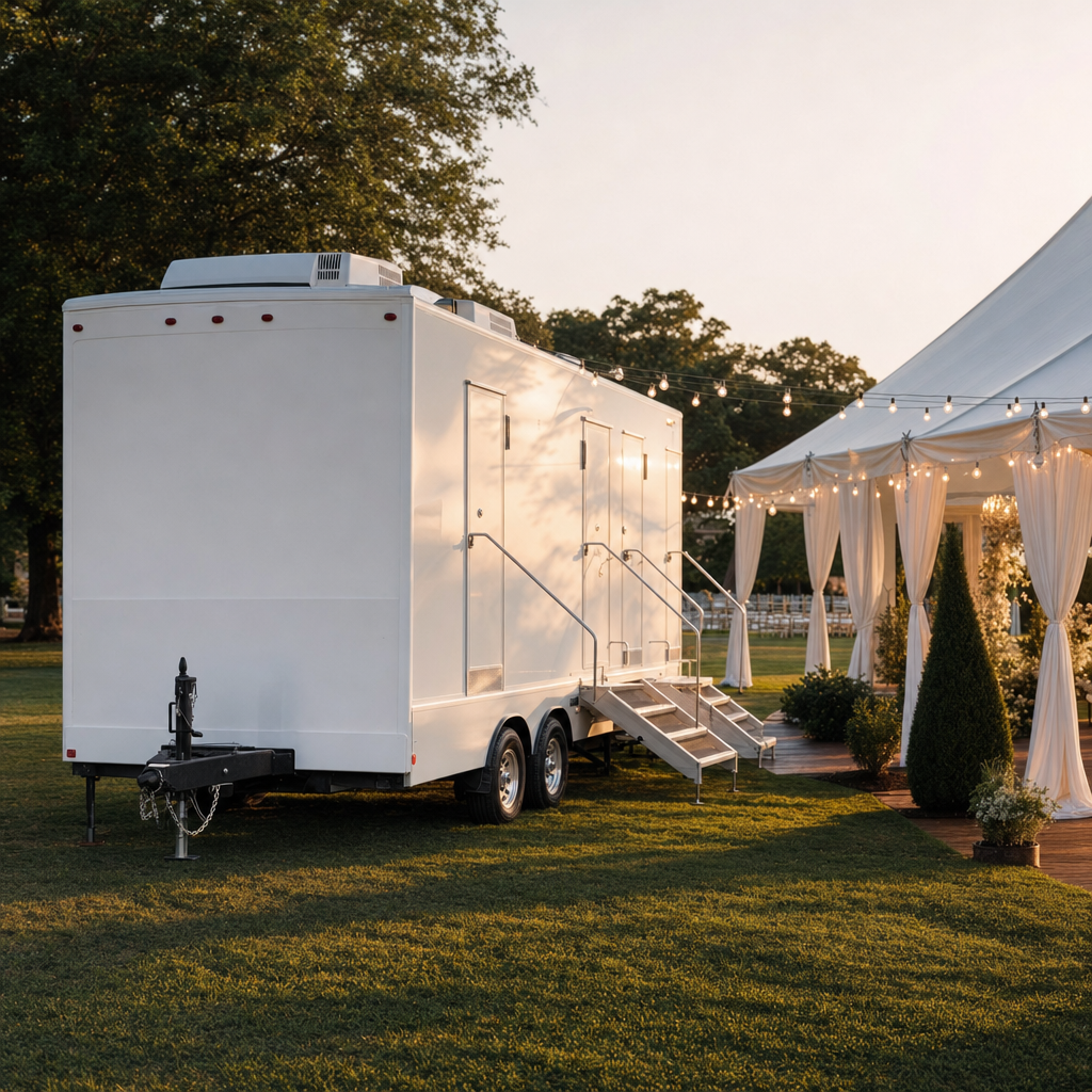 restroom trailer parked outside a wedding tent