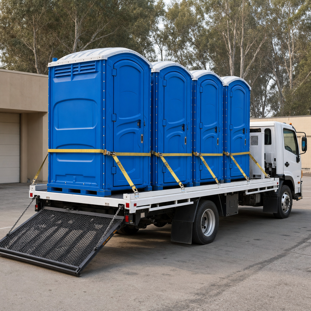 Royal blue and white portable toilets staged on a flatbed delivery truck on a clean paved lot in bright daylight