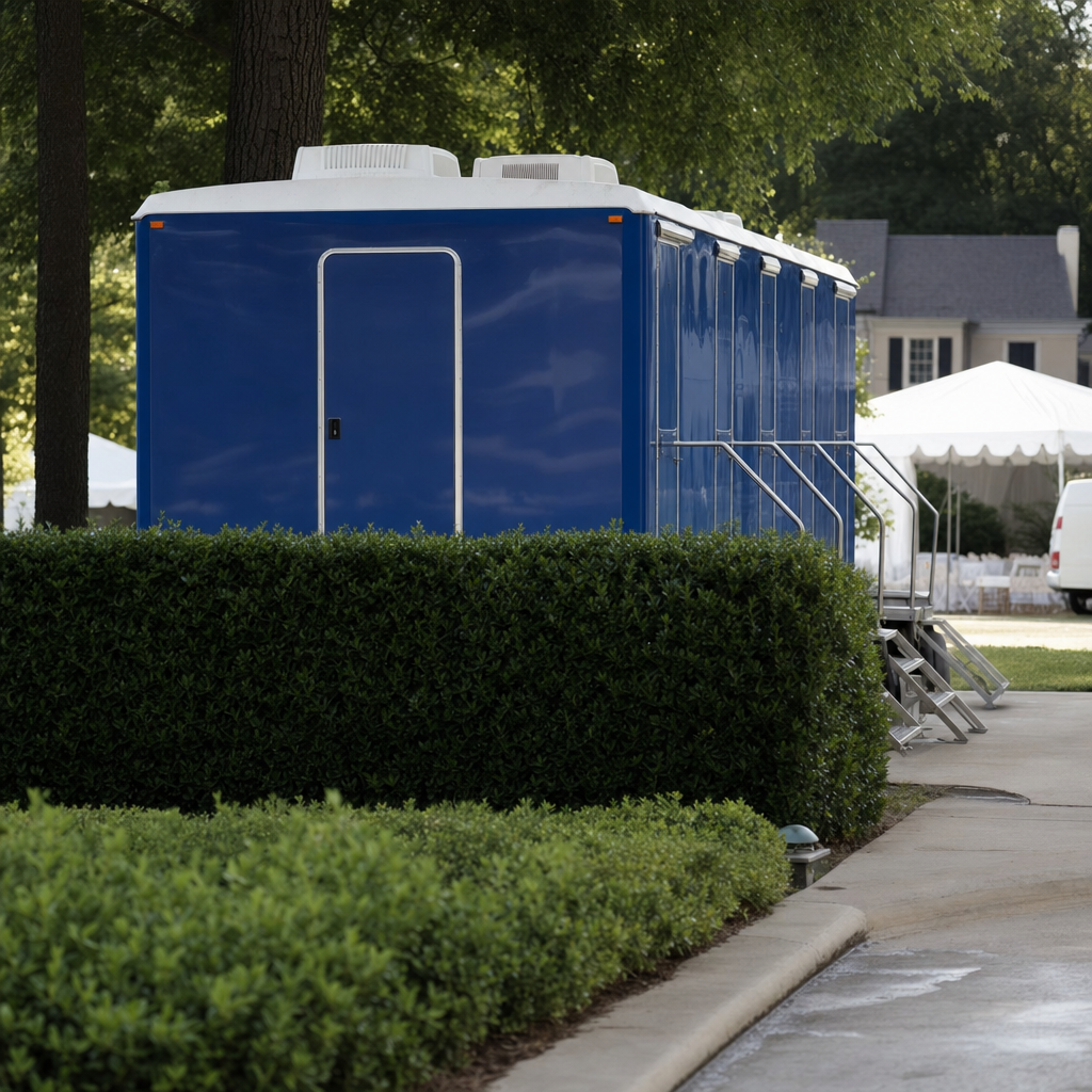 A white restroom trailer discreetly placed behind a hedge of evergreens away from the ceremony arch and reception tent